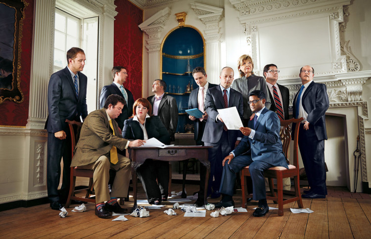 Pictured: Room To Grow Authors. Standing, from left: Andrew Kelly, Adam White, Scott Winship, James Pethokoukis, Yuval Levin, Kate O'Beirne, W. Bradford Wilcox, Peter Wehner. Seated, from left: Michael R. Strain, April Ponnuru and Ramesh Ponnuru. Photographed at Gunston Hall in Virginia. Image by Eric Ogden for The New York Times